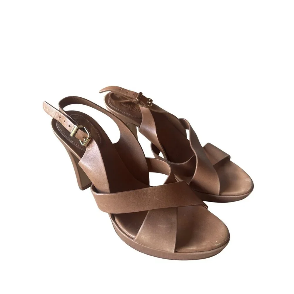 MaxMara Made in Italy Brown Leather Slingback Platform Heels Sandals 39 US 8.5-9